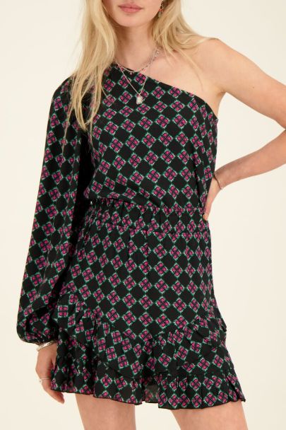 Zwarte rok met roze print & ruffles