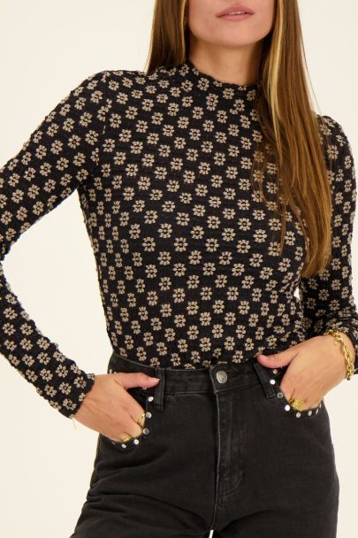 Black roll neck top with flowers