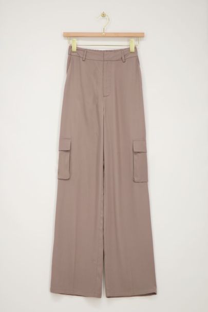 Taupe cargo wide leg trousers in satin look | My Jewellery