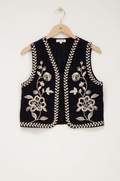 Black gilet with cream embroidery | My Jewellery