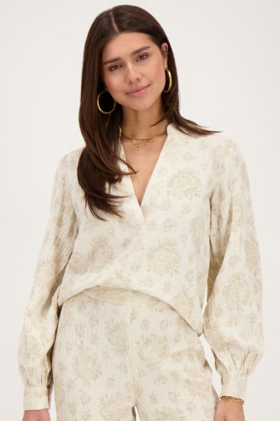 Blouse beige à imprimé fleuri jacquard