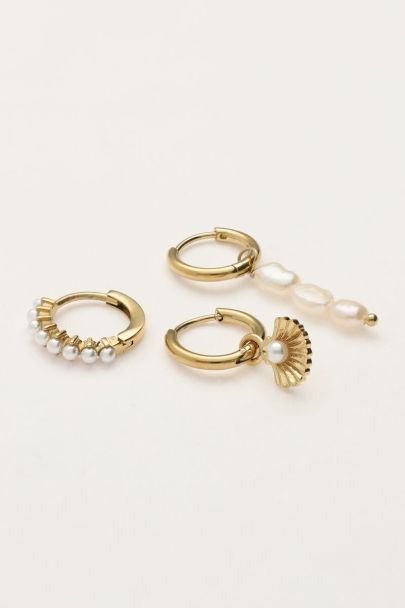 Set of three hoop earrings with seashell and pearls