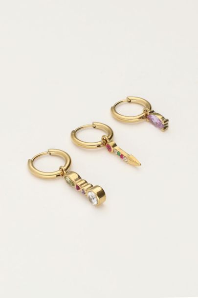 Set of three hoop earrings with charms and multicoloured rhinestones | My Jewellery