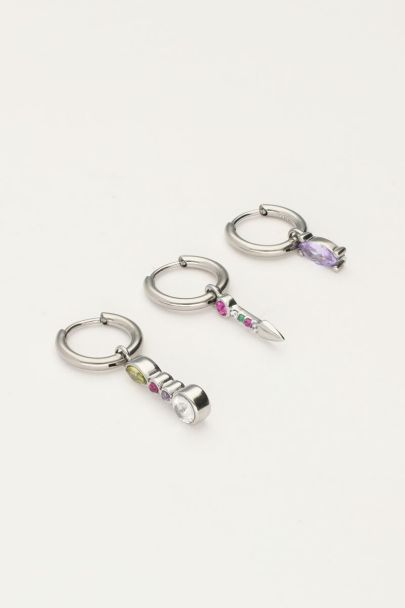 Set of three hoop earrings with charms and multicoloured rhinestones