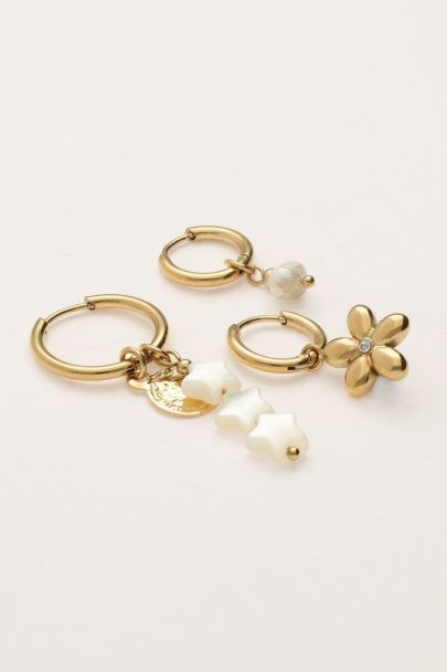 Set of three hoop earrings with flower and stars