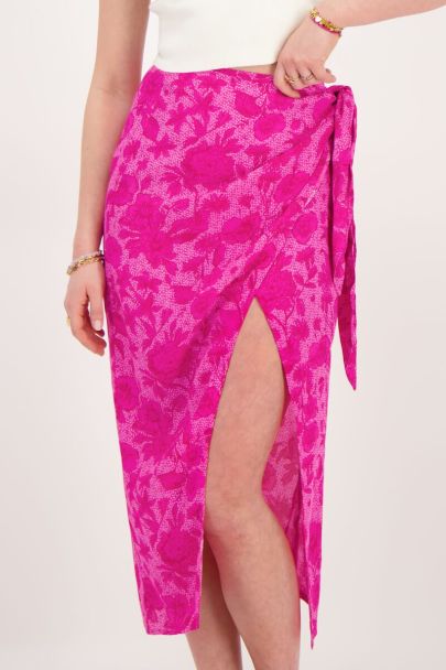 Pink midi wrap skirt with flower print