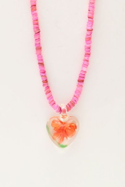 Island pink beaded necklace with heart and orange flower