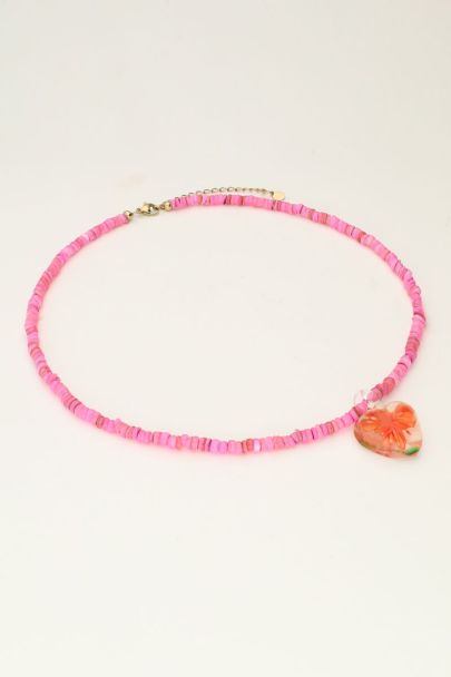 Island collier de perles roses avec coeur et fleur orange
