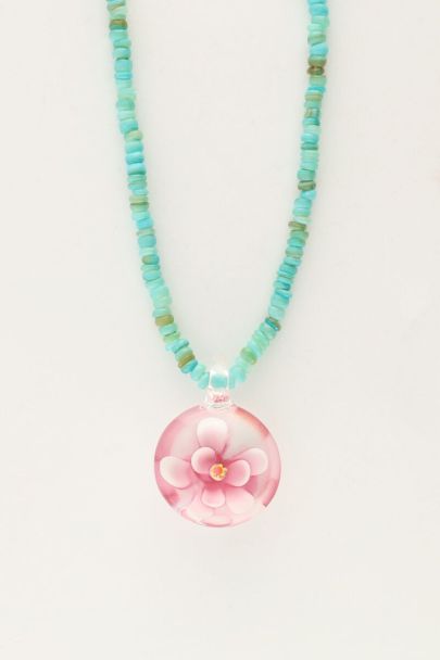 Island aqua beaded necklace with pink flower | My Jewellery