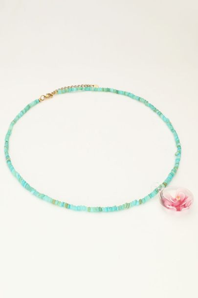 Island aqua beaded necklace with pink flower