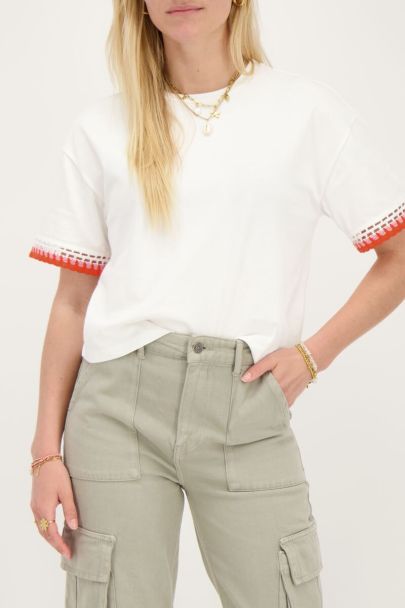 White T-shirt with embroidered sleeve detail