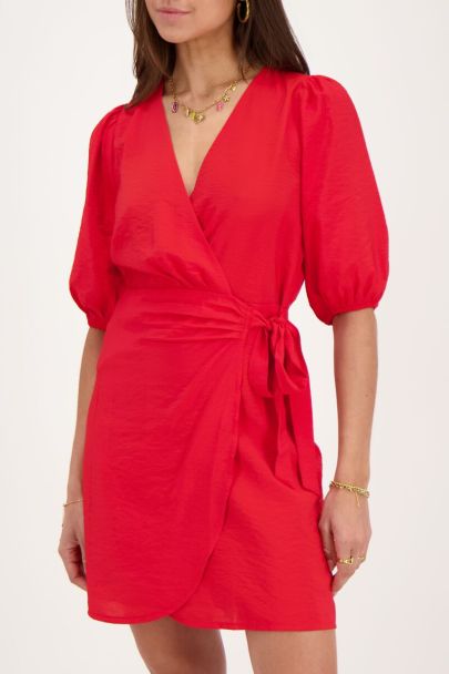 Red wrap dress with short puff-sleeves