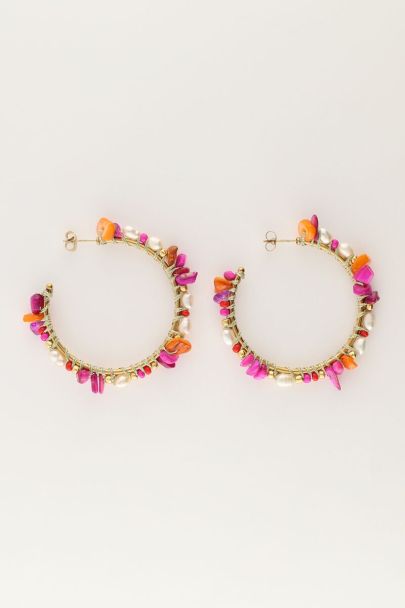 Art large hoop earrings with multicoloured stones & pearls | My Jewellery
