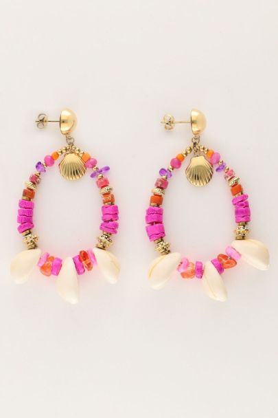 Art earring with pink beads and shells