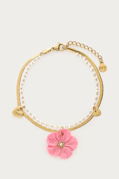 Botanical double bracelet with pink flower
