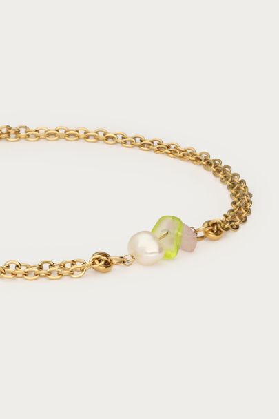 Armband met dubbele ketting & parel stenen