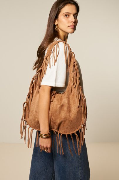 Bruine shopper in suède look met franjes