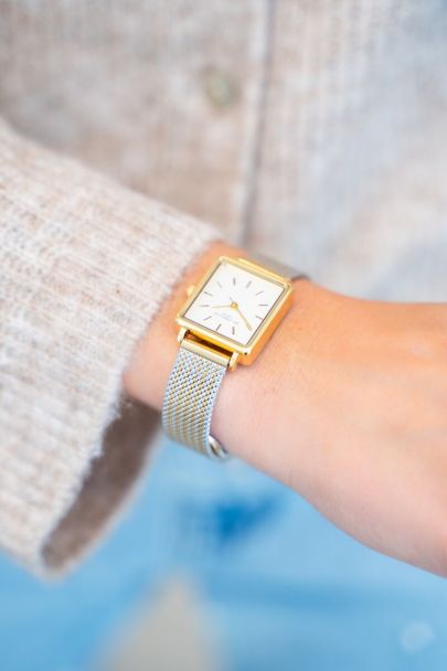 Multicoloured mesh strap watch with square watch face