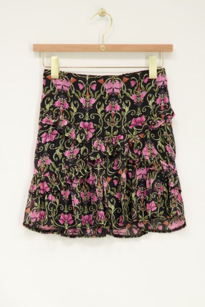 Multicoloured ruffled skirt with pink flowers