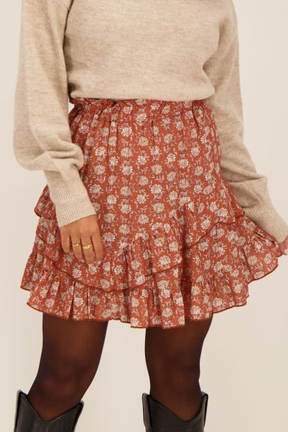 Orange floral print ruffled skirt