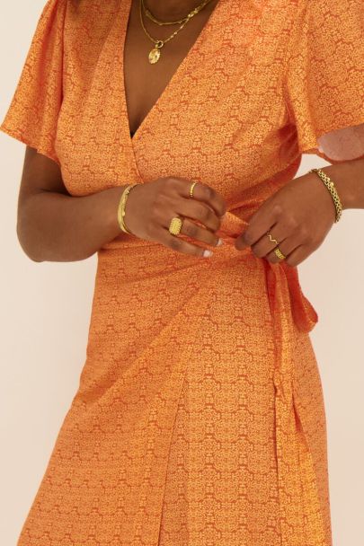 Robe midi portefeuille orange à imprimés