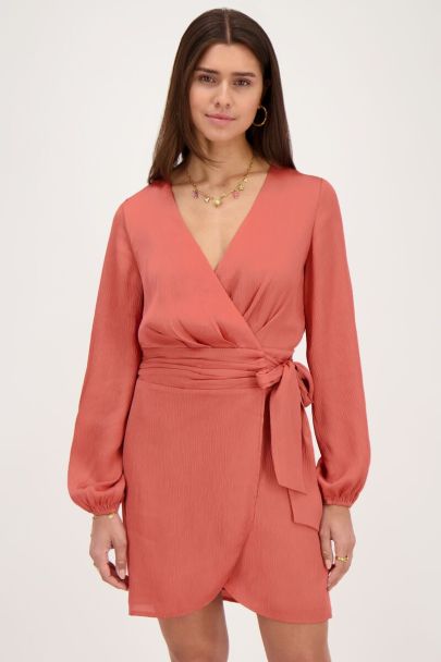 Orange wrap dress with draped waist