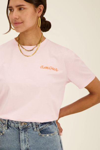 T-shirt rose clair Amour détail perles