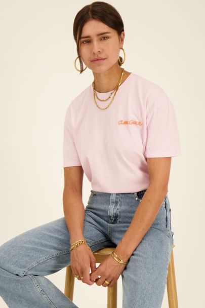 T-shirt rose clair Amour détail perles