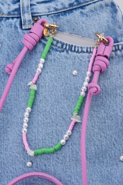 Green phone lanyard with freshwater pearls