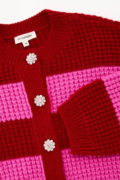 Pink-red striped cardigan with rhinestone buttons