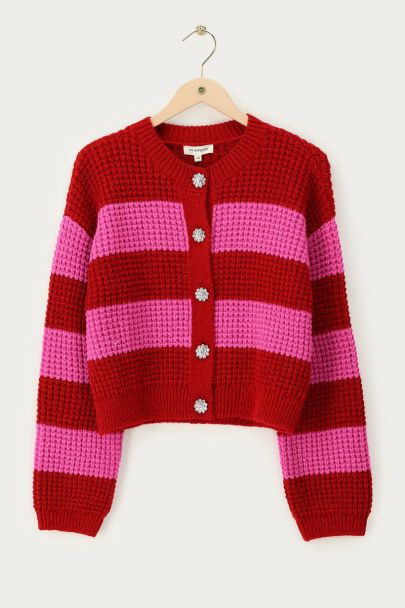 Pink-red striped cardigan with rhinestone buttons