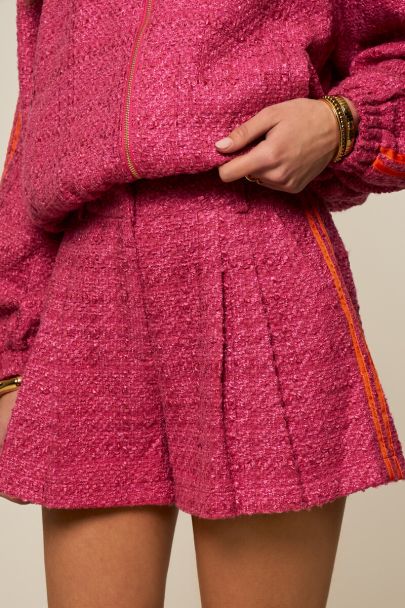 Pink bouclé shorts with side stripes