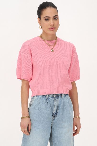 Pink bouclé top short sleeves