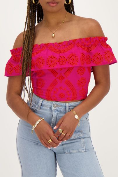Roze cropped top met contrasterende embroidery