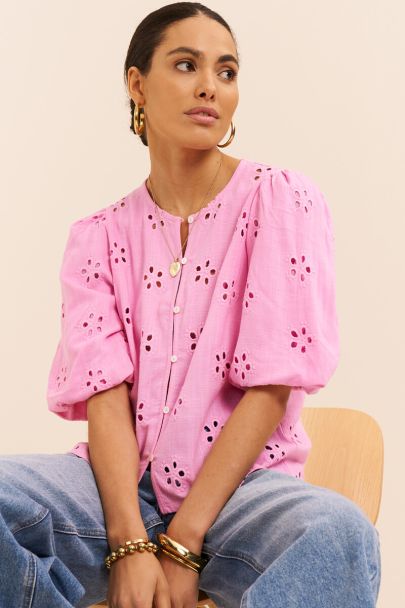 Roze embroidery anglaise top met korte pofmouwen