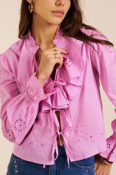 Pink embroidery top with v-neckline and bows