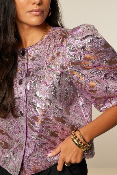 Roze jacquard top met korte pofmouwen