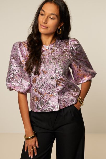 Roze jacquard top met korte pofmouwen