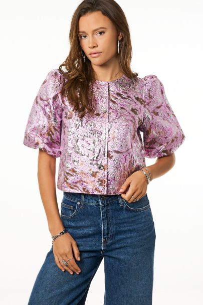 Roze jacquard top met korte pofmouwen