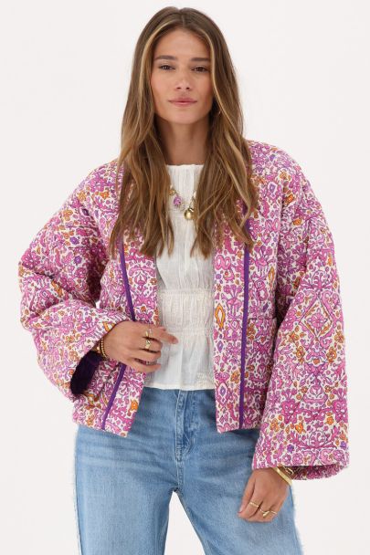 Roze kimono jasje met ikat bloemen print