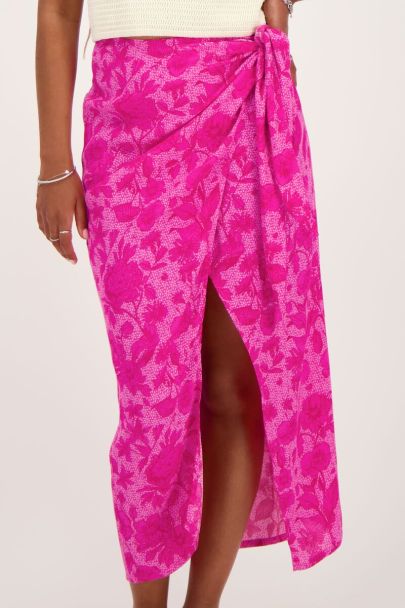 Roze midi rok met overslag en bloemenprint