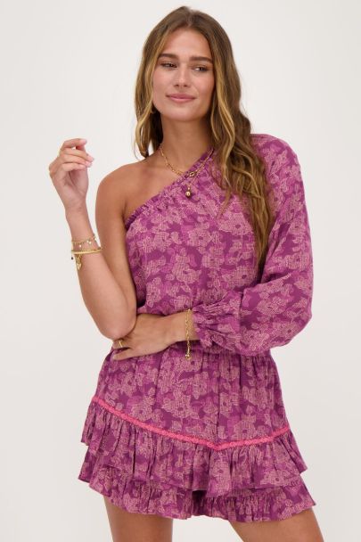 Roze one-shoulder top met bloemenprint