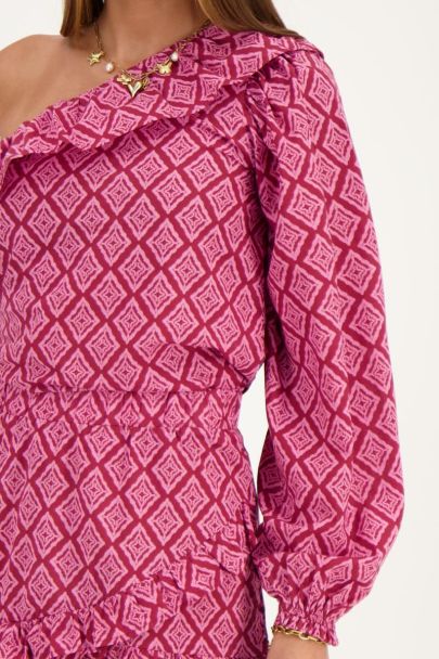 Roze one-shoulder top met ikat print en ruffle