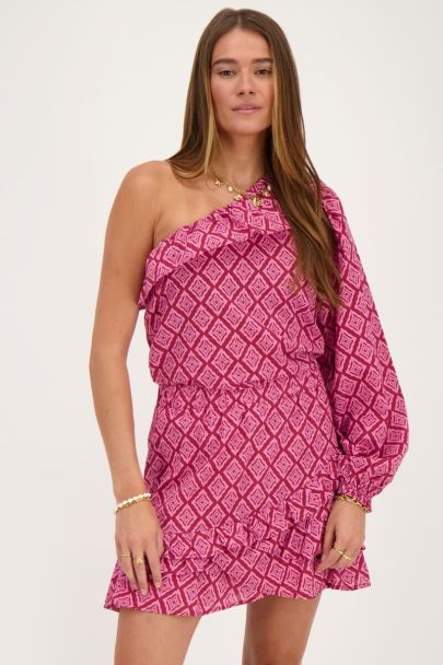 Roze one-shoulder top met ikat print en ruffle