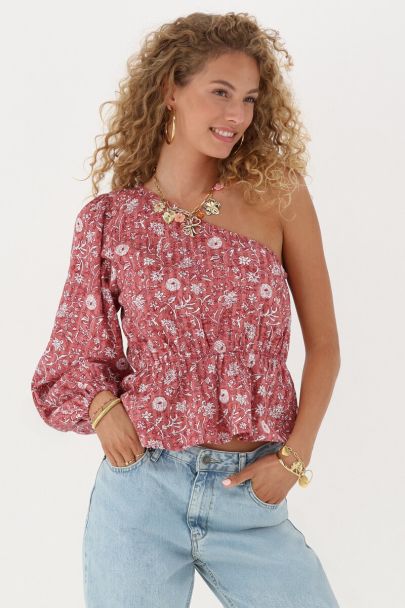 Pink one-shoulder top with peplum & floral print