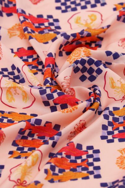 Pink satin look scarf with fish