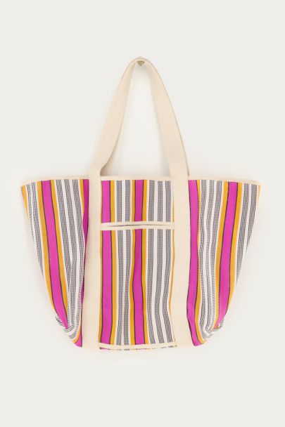 Pink tote bag with multicolour stripes