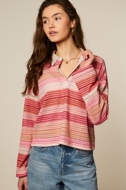 Pink long sleeve striped polo shirt