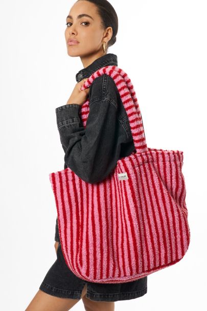 Pink teddy tote bag with stripes