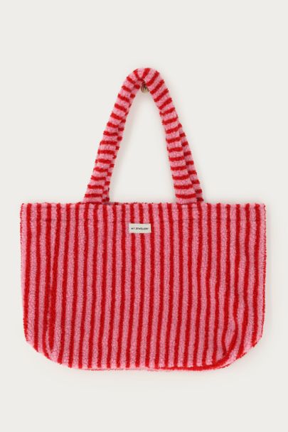 Pink teddy tote bag with stripes